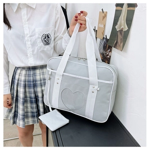 Detail of light grey JK uniform travel bag with clear heart window and coin purse