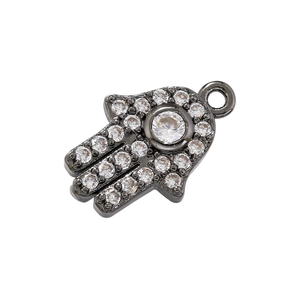 Macro detail of Hamsa Hand pendant with black base and sparkling round rhinestones