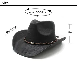 Size guide for black woven cowboy hat showing brim, height, and head circumference