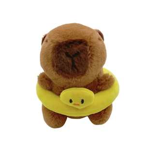 Plush capybara doll with yellow duck swimming ring backpack keychain charm accessory