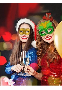 Detail of glitter gold and green feathered masquerade masks worn by models for party