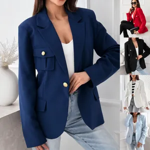 Blazer da Donna Elegante a Tinta Unita Doppio Petto Rever a Dente Manica Lunga Giacca in Poliestere Con Bottoni Oro Top Ufficio
