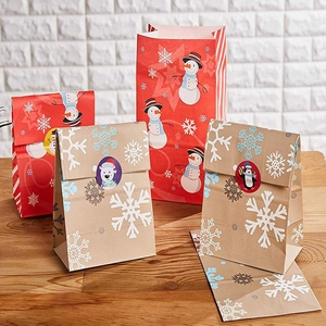 Christmas snowman and snowflake gift bags with cartoon animal sealing stickers on wood