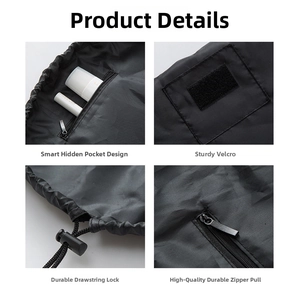 Detail view of drawstring cosmetic bag features zipper pocket, velcro, and cord lock