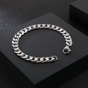Men's silver stainless steel Cuban chain necklace and bracelet set with lobster clasp