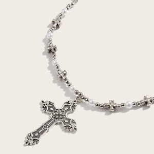 Vintage beaded cross pendant necklace with pearls and silver chain in retro gothic style