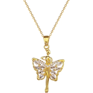 Elegant gold butterfly fairy pendant necklace with sparkling rhinestones on white background