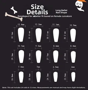 Detailed size chart for long coffin press-on nails with 12 specific dimensions