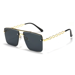 Frameless oversized square sunglasses with black-grey lenses and gold chain metal temples