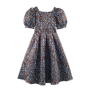 Elegant brown polka dot satin midi dress with puff sleeves and square neckline for women