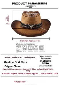 Size guide for straw cowboy hat showing 55-58cm head girth and 9cm wide brim dimensions