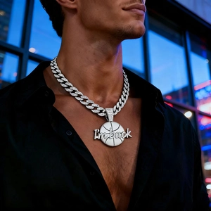 Hip Hop Basketball Pendant Necklace Alloy Rhinestone Iced Out I'm Back Lettering Cuban Link Chain Jewelry
