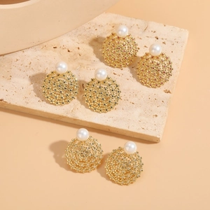 Luxury Copper 14K Gold Plated Zircon Artificial Pearl Earrings Hollow Round Elegant Fashion Jewelry For Women Vintage Charming