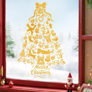 Golden glitter Christmas tree window stickers with Santa, snowman and snowflake motifs