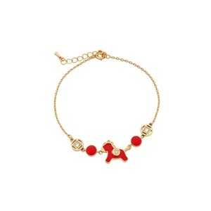 Bracelet cheval du zodiaque plaqué or avec perles rouges et breloques de pièces anciennes