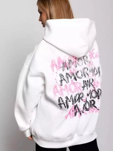 Women Oversized Hooded Sweatshirt Cotton Blend AMOR Graffiti Print Back Lettering Streetwear Drop Shoulder Casual Hoodie