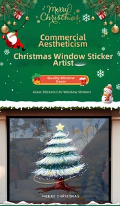 Detail of UV window sticker with white Christmas tree design and Merry Christmas text