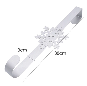 Silver metal wreath hanger with snowflake design and 38cm length dimension details