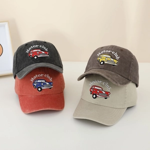 Kids vintage car baseball caps in four colors featuring retro motor club embroidery