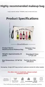 Detail view of 25x17cm beige linen makeup bag with birthday wine bottle print and black zipper