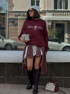 Sweat-shirt Femme Coton Brodé Lettres Col Rond Pullover Manches Longues Oversized Streetwear Vintage Automne