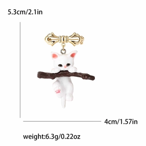 Cute white cat on branch enamel brooch with gold bow knot and detailed measurements