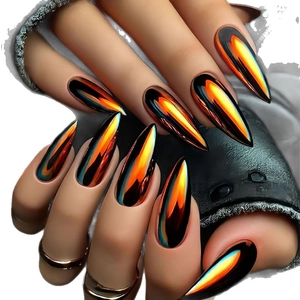 Stiletto press-on nails with metallic mirror gradient in black, orange, and gold colors