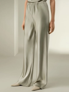 Women's sage green satin wide-leg trousers with high elastic waist and silky texture