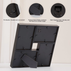 Back view of 4-opening black collage photo frame showing stand, hooks, and swivel buckles