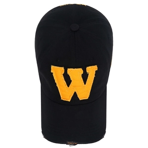 Black vintage baseball cap with orange 3D letter W patch and distressed details