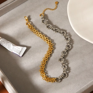 Zweifarbige Edelstahlhalskette mit goldener feiner Kette und silbernen groben Gliedern