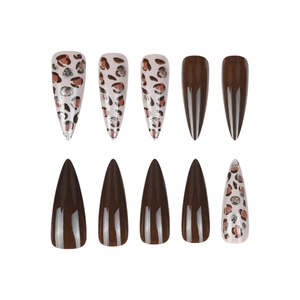 Long stiletto press-on nails with leopard print patterns and dark brown glossy finish