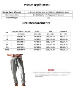 Detailed size chart for men's casual joggers showing waist and length measurements