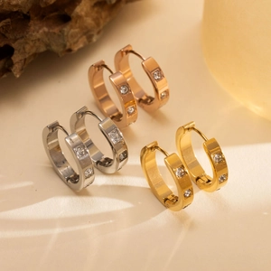 Stainless Steel Hoop Earrings 18K Gold Plated Cubic Zirconia Geometric Fashion Jewelry Women Versatile Elegant Accessory