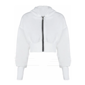 Detailed view of the white zip-up cropped hoodie featuring ribbed cuffs and metal zipper