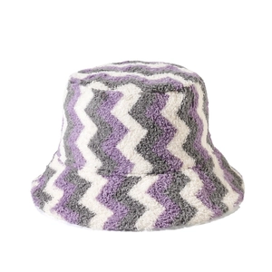 Plush wavy pattern bucket hat with purple and grey faux fur texture for winter