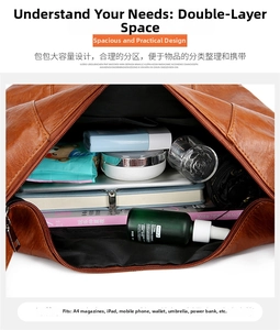 Interior detail of a brown leather tote bag showing large capacity for A4 files and iPad