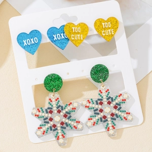 Colorful acrylic Christmas earring set with XOXO heart studs and snowflake drops