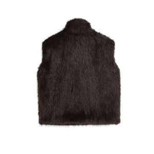 Deep brown faux fur vest for women featuring long-haired texture and sleeveless back view