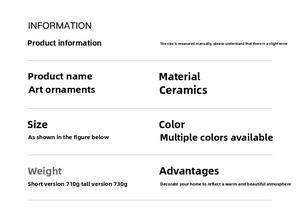 Detailed ceramic art ornament information chart with product material and weight specs