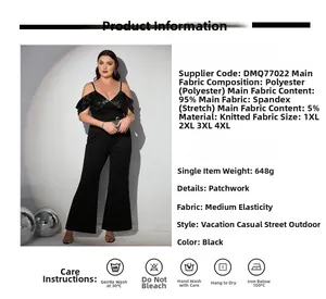 Detail of plus size black jumpsuit with sequin patchwork and size chart specifications