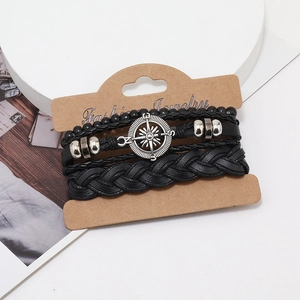Men's multilayer black leather bracelet set with a vintage silver compass charm