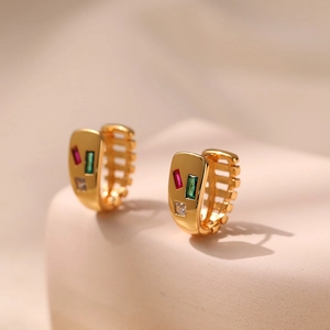 Retro 18K gold-plated brass hoop earrings with vibrant colorful zircons and ribbed texture