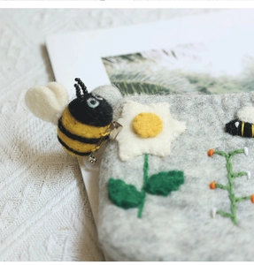 Detailed macro view of handmade wool felt bee bag with floral embroidery and 3D bee charm