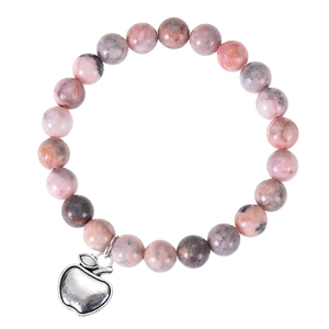 Minimalist natural stone bead bracelet with silver apple pendant on white background