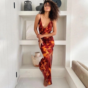 Robe caraco sexy dos nu à imprimé léopard avec fente et motif animalier orange vif