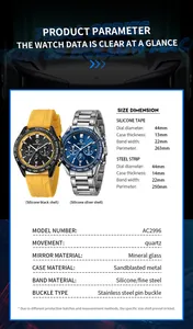 Detailed specs of men's quartz sports watch with size and material dimensions.