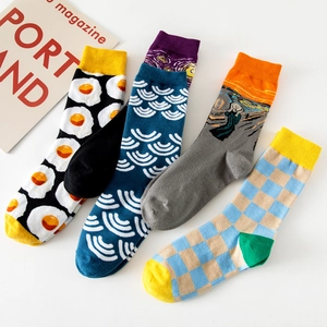 Chaussettes créatives en coton style peinture à l'huile avec motifs artistiques et bords côtelés