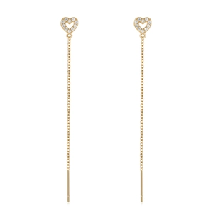 Macro detail of S925 silver gold-plated heart-shaped ear threaders with zircon stones