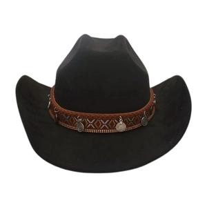 Detail of black western cowboy hat featuring a brown braided band and metal pendants